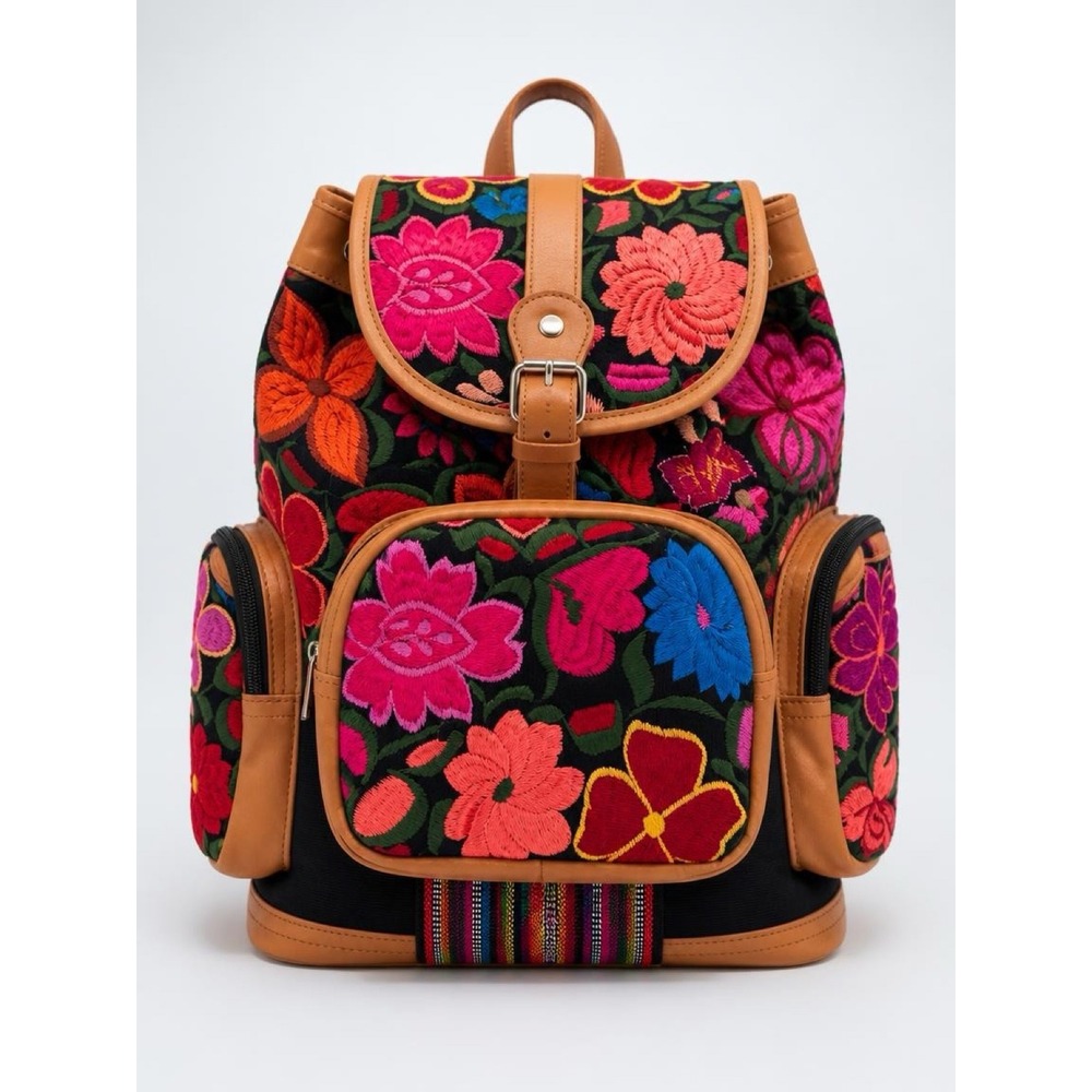 Handmade Floral Embroidered Backpack Women Large Black Tan Boho Artisan Bag